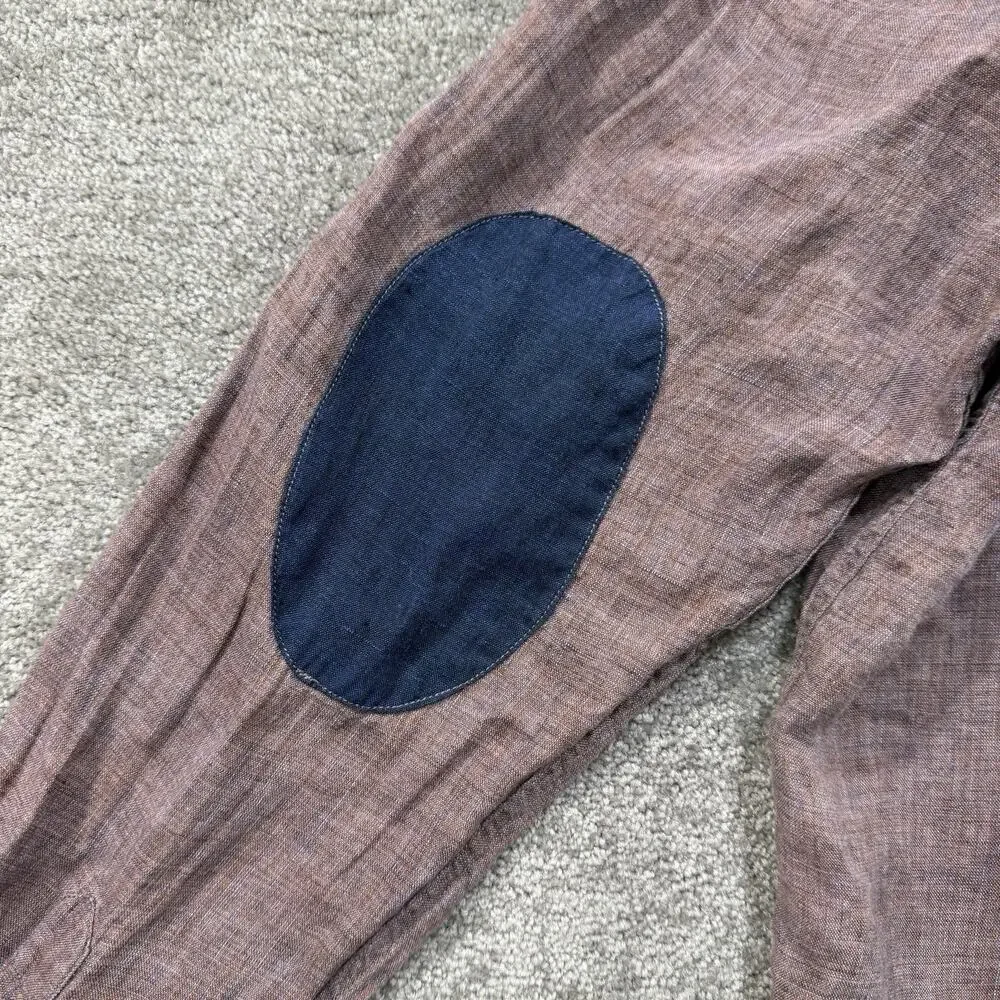 32 Bar Blues Linen Button Shirt S‎ Wine/Burgundy Long Sleeve Elbow Patch Casual